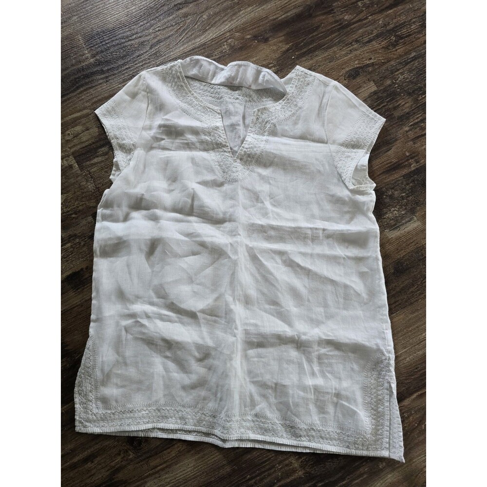 Saint Tropez West White 100% Linen Silver Embroidered Tunic Top Size Large